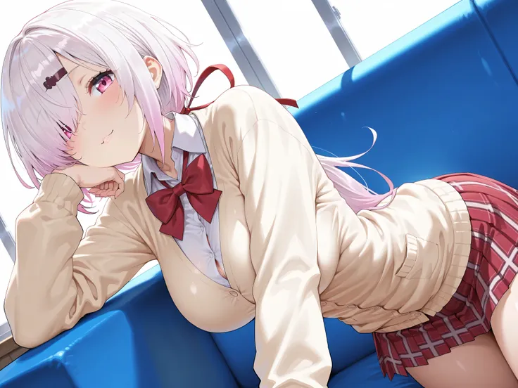solo,masterpiece,best quality, amazing quality, highres, absurdres, very aesthetic, high resolution, ultra detailed, perfect details,nijiyuika,large breasts,pink eyes,gradient hair,light pink hair,white hair,round face,long hair,hair over one eye,low ponyt...