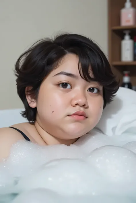 Cute small ssbbw Chubby, The facial reaction is very gloomy and sad, CREATE ANIME CARTOON 3D PHOTO, "A highly realistic, ultra-detailed portrait of a woman relaxing in a bubble bath, captured in the best settings of a SONY A7R with a fast prime lens (f/1.8...