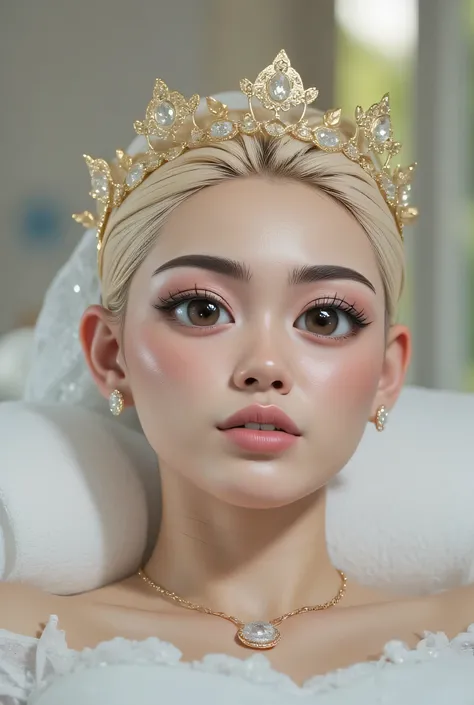 The facial reaction is very gloomy and sad, CREATE ANIME CARTOON 3D PHOTO, "A highly realistic, ultra-detailed portrait of a woman relaxing in a bubble bath, captured in the best settings of a SONY A7R with a fast prime lens (f/1.8). The scene features a m...