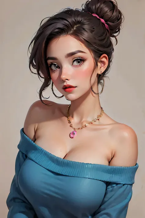 ((Perfect Face)), Black Hair, ((Hair Bun)), Black Eyebrows, Thin Eyebrows, Dark Brown Eyes, (Pink Eyeshadows), Black Eyeliners, Erring Hoop, Nose, Thick Lips, Red Lips, Lips Parted, Collarbone, Cleavage, Large Breasts, Off-Shoulders Sweater, Blue Sweater, ...