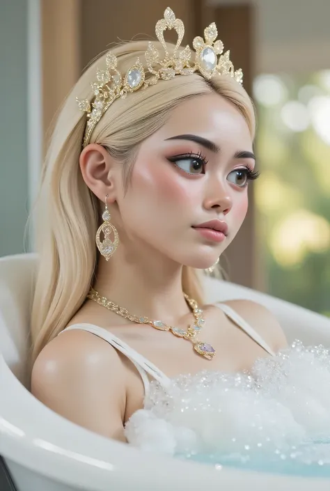The facial reaction is very gloomy and sad, CREATE ANIME CARTOON 3D PHOTO, "A highly realistic, ultra-detailed portrait of a woman relaxing in a bubble bath, captured in the best settings of a SONY A7R with a fast prime lens (f/1.8). The scene features a m...