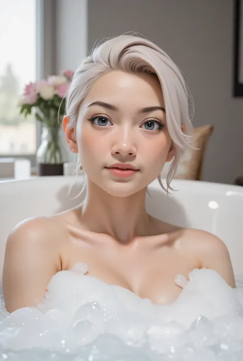 The facial reaction is very gloomy and sad, CREATE ANIME CARTOON 3D PHOTO, "A highly realistic, ultra-detailed portrait of a woman relaxing in a bubble bath, captured in the best settings of a SONY A7R with a fast prime lens (f/1.8). The scene features a m...
