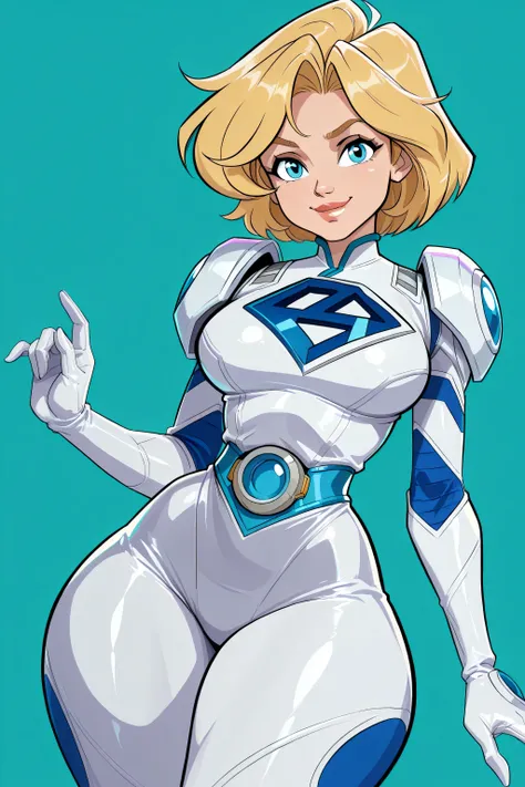 Susan Storm, 1female, long blonde hair, blue eyes, tall hourglass body, thick thighs, wearing white-blue super hero suit, cute smile, glossy lips, sexy pose. 8K ultra HD, high quality, 2d cartoon style, front view, background is teal, good lighting, flat c...