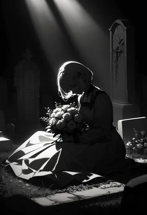 1girl, anime style, short blonde hair, bob cut, bangs, sitting pose, kneeling, white dress, long sleeves, holding flowers, white flowers, bouquet, cemetery, gravestones, tombstones, dramatic lighting, high contrast, black and white with selective color, mo...