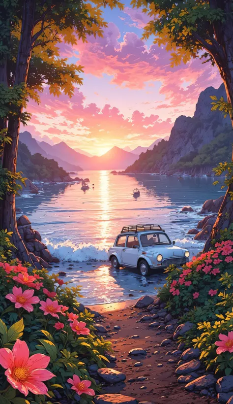 Stunning ultra-high-definition 8K wallpaper capturing a sudden panoramic view of a vast, shimmering lagoon as I emerge from a dense bamboo forest in a sleek white electric jeep. The lagoon’s water sparkles with crystal clarity beneath a soft pastel sunset ...