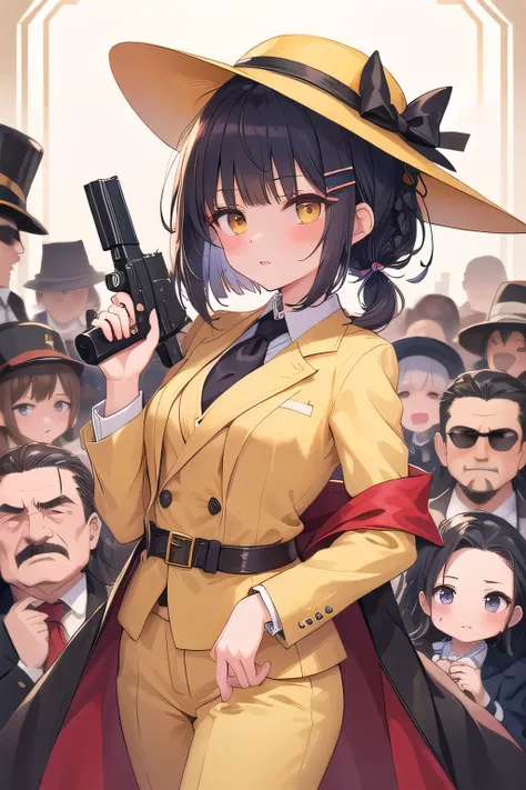 ((top quality)), ((masterpiece)), (Details), 1 girl。blunt bangs。braided ponytail。ahoge。short hair。Cute Hair Clip。(small breasts)。Mafia Boss。Yellow Suit。pistol。 long mufflers。silk hat。Follow a large group of mafia。