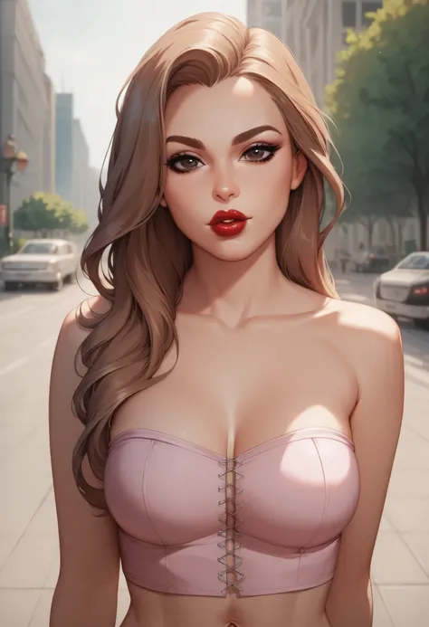 (Perfect Face, Perfect Body), Lightest Brown Hair, Long Hair, Black Thin Eyebrows, Dark Brown Eyes, Nose, Lips, Red Lips, Collarbone, (Medium Breasts, Perfect Breasts), (Pink Strapless Top), Navel, Arms Behind Back, (Looking At Viewer), Beautiful City, Par...