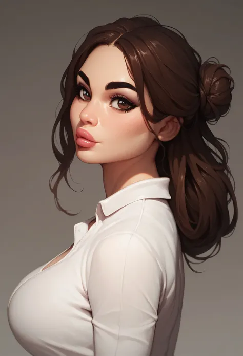 simple background, from side, looking at viewer, perfect face, hair low bun, slick brown hair, black eyebrows, natural eyebrows, big eyes, brown eyes, thick lips, beautiful woman, large breasts, perfect breasts, white v-neck shirt