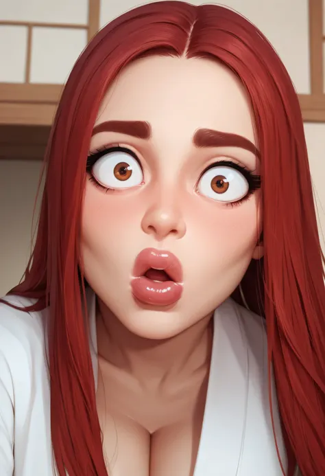 (perfect face), 1girl, red hair, long straight hair, red thin eyebrows, brown eyes, big eyes, black eyeliners, nose, thick lips, big lips, (surprised), (talking), blushing, collarbone, cleavage, medium breasts, white kimono, (looking at viewer)