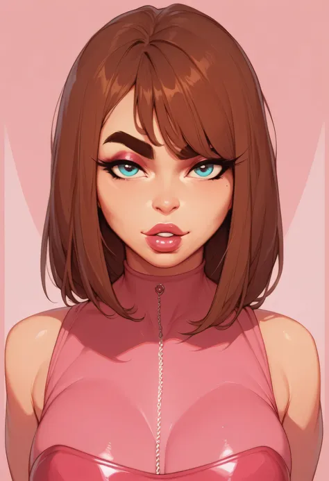 Perfect Face, Cut Straight Hair, Bright Brown Hair, Brown Thick Eyebrows, Blue Eyes, Pink Rouge, Bright Red Thick Lips, Beauty Woman
