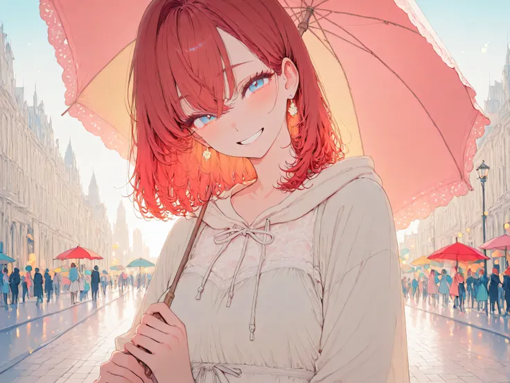 womanhood, Red hair, Mine Style Fashion, sunny day, parasol, Touch the city background, smiling expression, 4K high definition, HDR, ultra-fine texture, vibrant color palette, exquisite bokeh