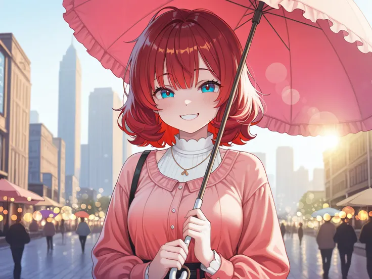 womanhood, Red hair, Mine Style Fashion, sunny day, parasol, Touch the city background, smiling expression, 4K high definition, HDR, ultra-fine texture, vibrant color palette, exquisite bokeh