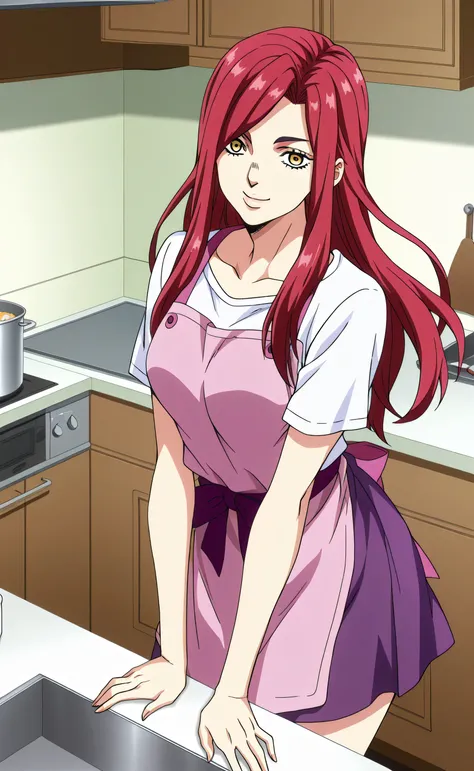 1female,solo,Rindou Kobayashi,red hair,long hair,yellow eyes,smile,feng,white shirt,purple skirt,pink apron,Kitchen,Jojo's Bizarre Adventure Style