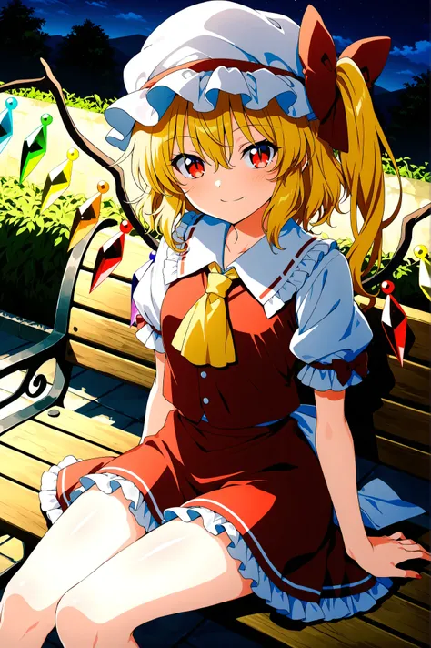 top_quality, super_high_quality, delicate_drawing, flat_anime_style, anime_coloring, anime_screencap, look_away, close_angle, 1girl, cool,  flanN, Flandre_Scarlet_Touhou, red_eyes, blonde_hair, short_hair, hair_between_eyes, side_ponytail, hat, hair_bow, w...