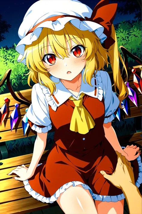 top_quality, super_high_quality, delicate_drawing, flat_anime_style, anime_coloring, anime_screencap, nsfw, close_angle, 1boy, (man_touches_a_woman's_thigh), 1girl, cool,  flanN, Flandre_Scarlet_Touhou, red_eyes, blonde_hair, short_hair, hair_between_eyes,...
