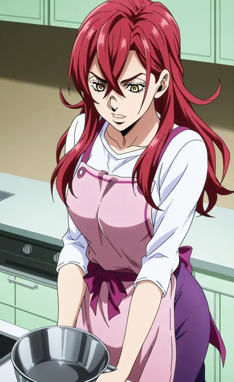 1female,solo,mother,Rindou Kobayashi,red hair,long hair,yellow eyes,cool face,white shirt,purple skirt,pink apron,Kitchen,Jojo's Bizarre Adventure Style