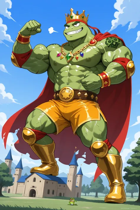 A green giant cartoon 2d frog king, gigantic chin, biggest muscular body, ginomous biceps enormous pectorals, golden bracelets with colorful jewels, golden necklaces with colorful jewels, golden chest, golden wrestler champions belt, Red headband. Golden w...