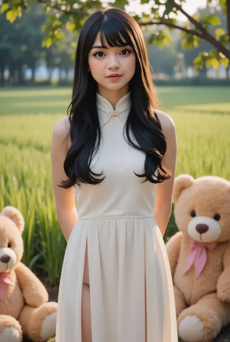 Cute cutie small , front posing, ("Facial expression in gloomy"), Both hands lying behind the back, (photorealistic:1.6) ((Indonesian hijab)), background rice paddy. daytime atmosphere, (((please don't showing any finger!!!))), (BARING DIATAS TIGA HUGE TED...