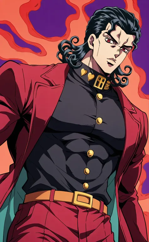 1male,solo,Muzan Kibutsuji,black hair,medium hair,curly hair,slicked back hair,red eyes,cool face,Red coat,black shirt,red pants,big muscle,Yankii school background,Jojo's Bizarre Adventure Style