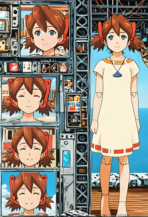  A mechanical robot lady is very short pigtails, brown hair, Hair tie with two red big crimson red clothespins, android, blue eyes, anime picture. angle from directly side view. barefoot. she is in beach. She wares nothing even artificial skin. She closes ...