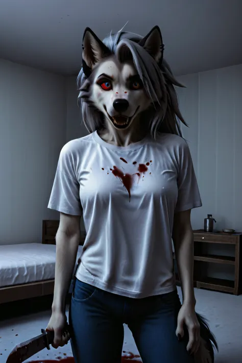 Loona, furry, fluffy tail, solo, t-shirt, jeans, stands in the center of the room, bloody knife in her hand, front view, high-range shot, ultrahigh details, ultra-realistic photo, two-tone fur, gray fur, anthro, wolf girl, animal nose, wolf tail, red scler...