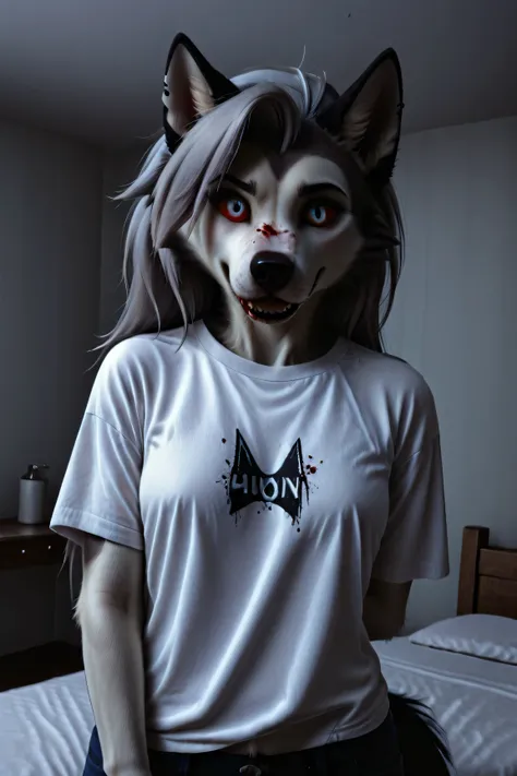 Loona, furry, fluffy tail, solo, t-shirt, jeans, stands in the center of the room, bloody knife in her hand, front view, superhigh-range shot, ultrahigh details, ultra-realistic photo, two-tone fur, gray fur, anthro, wolf girl, animal nose, wolf tail, red ...