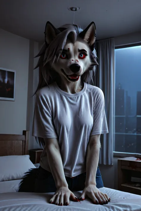 Loona, furry, fluffy tail, solo, t-shirt, jeans, stands in the center of the dormitory, bloody knife in her hand, front view, superhigh-range shot, ultrahigh details, ultra-realistic photo, two-tone fur, gray fur, anthro, wolf girl, animal nose, wolf tail,...