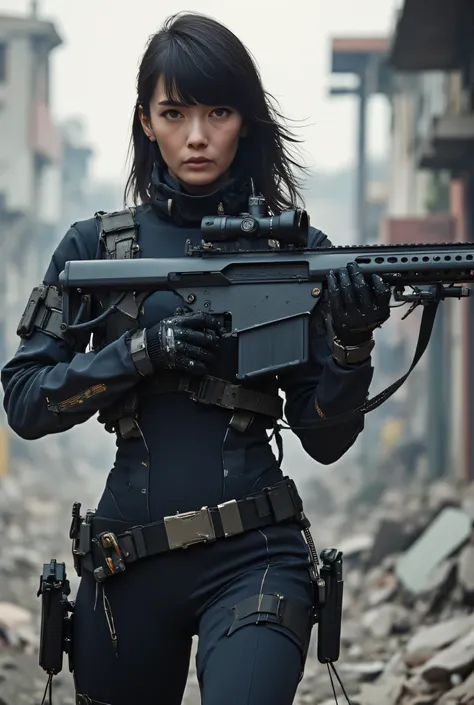 A beautiful girl in a black uniform、holds an M82 sniper rifle in her hand