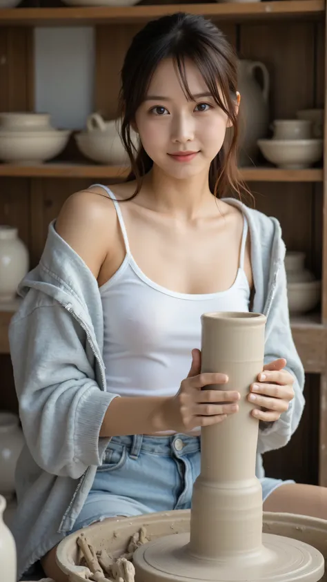 A young adult Japanese female idol with light skin tone and brown hair is seated at a pottery wheel, shaping a piece of clay. She is looking directly at the viewer with a slight smile. Her hair is pulled back, with some strands framing her face. She is wea...