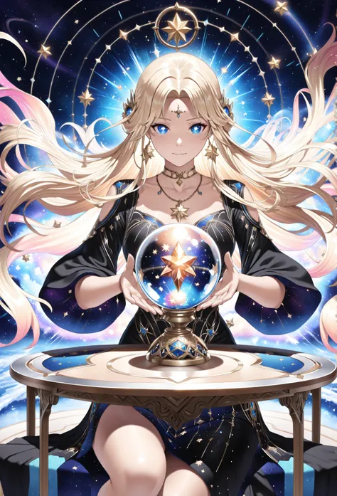 Complex double exposure high quality of an astrologist who divine the future from the stars, an extraordinary beautiful woman, divining the future from the stars, there is magic in her eyes, the ((her eyes are deep blue filled with stars)) blond hair color...