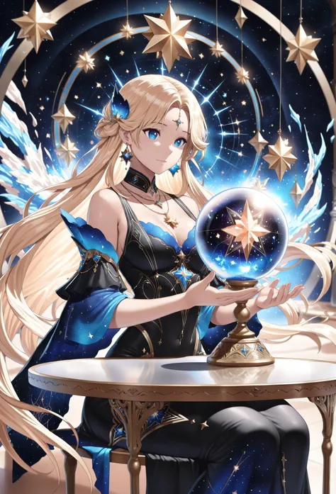 Complex double exposure high quality of an astrologist who divine the future from the stars, an extraordinary beautiful woman, divining the future from the stars, there is magic in her eyes, the ((her eyes are deep blue filled with stars)) blond hair color...