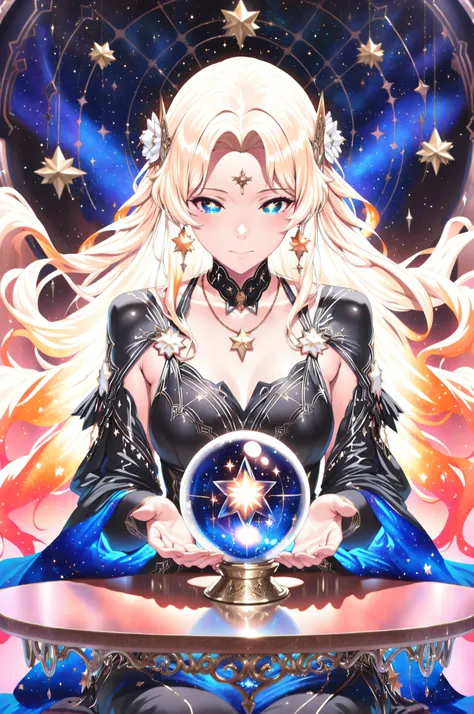 Complex double exposure high quality of an astrologist who divine the future from the stars, an extraordinary beautiful woman, divining the future from the stars, there is magic in her eyes, the ((her eyes are deep blue filled with stars)) blond hair color...