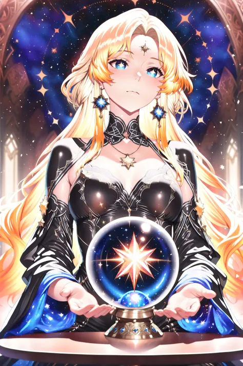 Complex double exposure high quality of an astrologist who divine the future from the stars, an extraordinary beautiful woman, divining the future from the stars, there is magic in her eyes, the ((her eyes are deep blue filled with stars)) blond hair color...