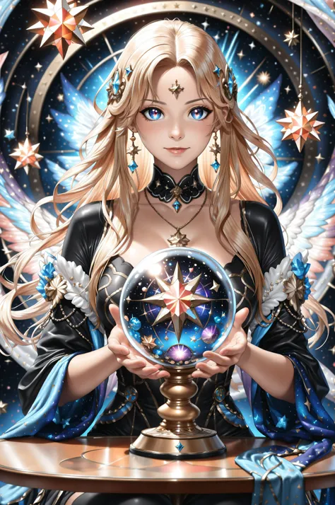 Complex double exposure high quality of an astrologist who divine the future from the stars, an extraordinary beautiful woman, divining the future from the stars, there is magic in her eyes, the ((her eyes are deep blue filled with stars)) blond hair color...