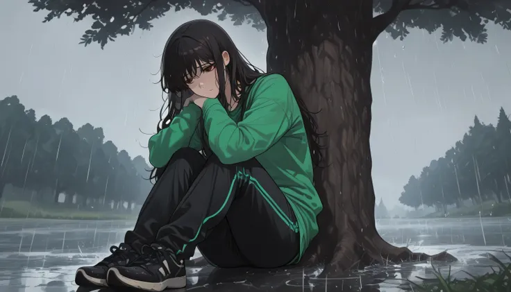 ((High quality)) ((Only)) ((Super detailed)) ((Darkness)) ((Shading)) ((Masterpiece)) a beautiful girl with dark hair and brown eyes, long hair, sad expression, dressed in a green sweatshirt and long black jogging pants, black sneakers. leaning against a t...