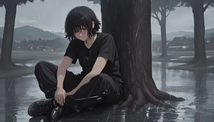 ((High Quality)) ((Only)) ((Super Detailed)) ((Darkness)) ((Shading)) ((Masterpiece)) a beautiful boy with dark hair and brown eyes, short hair, sad expression, dressed in a black t-shirt and long black sweatpants, black sneakers. leaning against a tree, s...