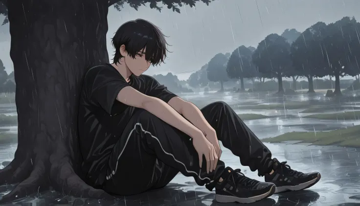 ((High Quality)) ((Only)) ((Super Detailed)) ((Male)) ((Darkness)) ((Shading)) ((Masterpiece)) a beautiful boy with dark hair and brown eyes, short hair, sad expression, dressed in a black t-shirt and long black sweatpants, black sneakers. leaning against ...
