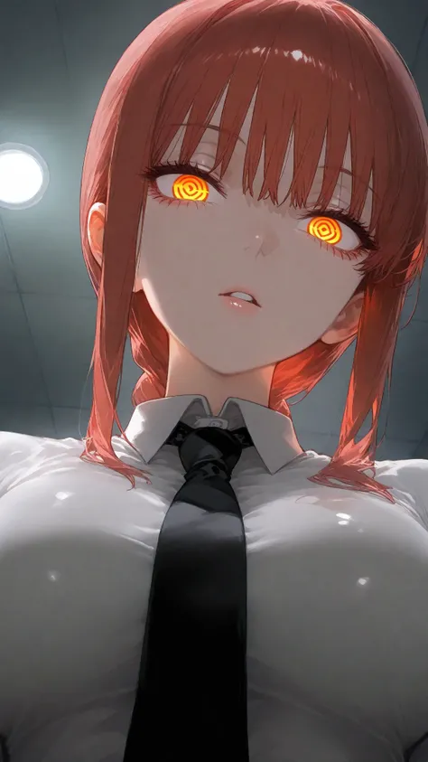 shiny skin , shiny , masterpiece、top quality、 in detail,, (breasts closeup shot:1.2), (from below:1.2), from front, ceiling, from below,pov lap pillow, sleeping,,At the parking area, 1boy, denji, 1girl, makima \(chainsaw man\), chainsaw man