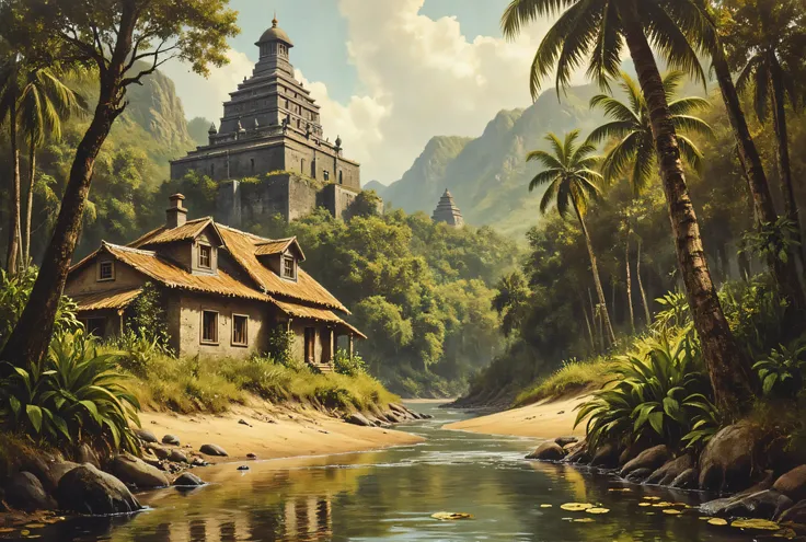 vintage pulp art, antqgldnCE style, pulp art style, jungle settlement, buildings overgrown with vines, surrounded by old totems, half-sunked ziggurats, on the banks of the a river, highly detailed art style