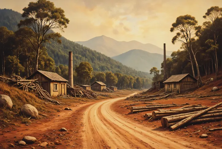 vintage pulp art, antqgldnCE style, pulp art style, 1800’s vietnam, red dirt, sawmills, mining equipment, deforested area, highly detailed art style