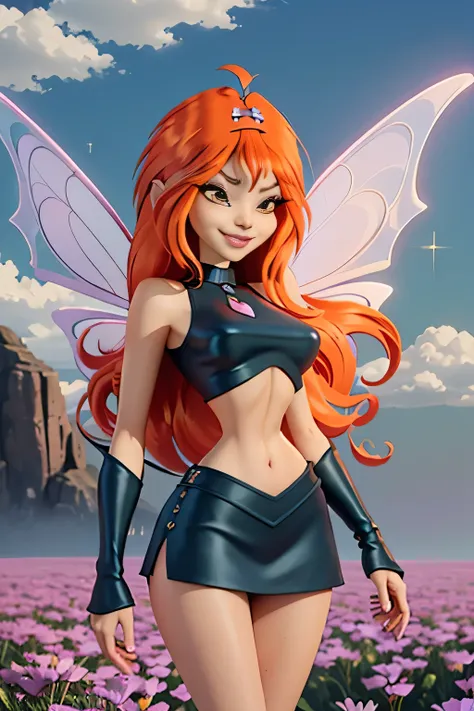 close up 1girl in, photo of Dark Bloom, Waifu, Anime style, Solo, (messy copper red hair, very long hair, thick red hair), (perfect clear skin, pale skin, detailed skin, large breasts, round breasts, perfect body, skinny, thin, thin hips, thin waist: 1.25)...