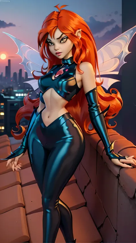 close up 1girl in, photo of Dark Bloom, Waifu, Anime style, Solo, (messy copper red hair, very long hair, thick red hair), (perfect clear skin, pale skin, detailed skin, large breasts, round breasts, perfect body, skinny, thin, thin hips, thin waist: 1.25)...