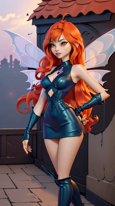 close up 1girl in, photo of Dark Bloom, Waifu, Anime style, Solo, (messy copper red hair, very long hair, thick red hair), (perfect clear skin, pale skin, detailed skin, large breasts, round breasts, perfect body, skinny, thin, thin hips, thin waist: 1.25)...