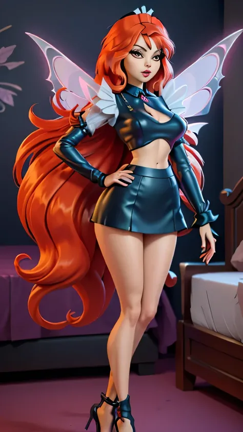 close up 1girl in, photo of Dark Bloom, Waifu, Anime style, Solo, (messy copper red hair, very long hair, thick red hair), (perfect clear skin, pale skin, detailed skin, large breasts, round breasts, perfect body, skinny, thin, thin hips, thin waist: 1.25)...