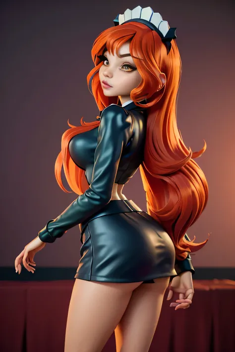 close up 1girl in, photo of Dark Bloom, Waifu, Anime style, Solo, (messy copper red hair, very long hair, thick red hair), (perfect clear skin, pale skin, detailed skin, large breasts, round breasts, perfect body, skinny, thin, thin hips, thin waist: 1.25)...