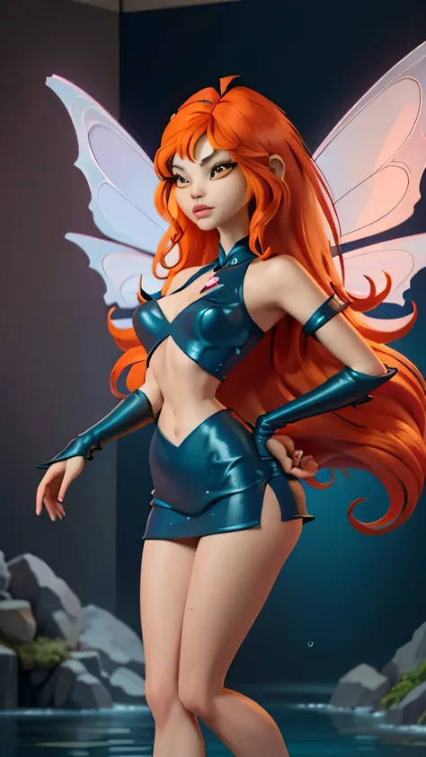 close up 1girl in, photo of Dark Bloom, Waifu, Anime style, Solo, (messy copper red hair, very long hair, thick red hair), (perfect clear skin, pale skin, detailed skin, large breasts, round breasts, perfect body, skinny, thin, thin hips, thin waist: 1.25)...