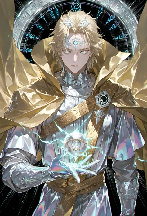 8k, beautiful masterpiece, looking out at the front, alone, pale skin, Perfect Eyes shape, Athletic Build, ((He wears: White Doctor Strange Robes, Eye of Agamotto Amulet, Golden Cape with Cowl, Mystic Gloves, Golden Sash)), (((background is vast magic libr...