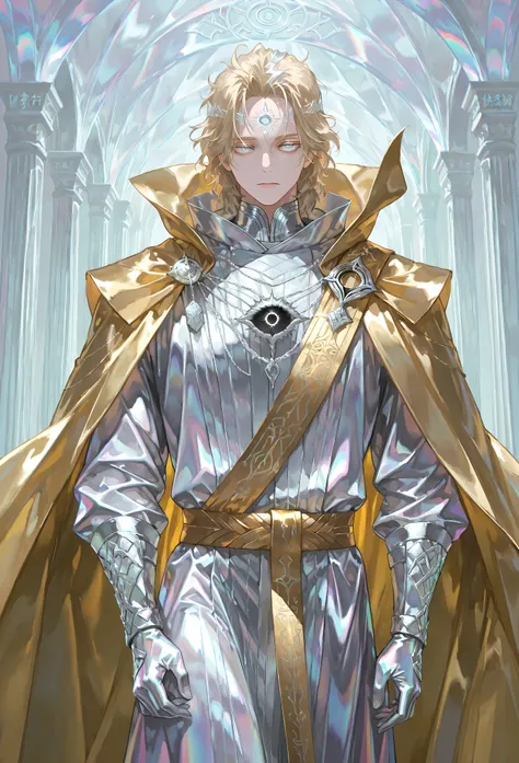 8k, beautiful masterpiece, looking out at the front, alone, pale skin, Perfect Eyes shape, Athletic Build, ((He wears: White Doctor Strange Robes, Eye of Agamotto Amulet, Golden Cape with Cowl, Mystic Gloves, Golden Sash)), (((background is vast magic libr...