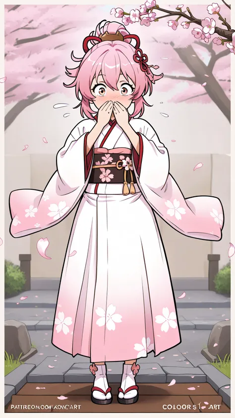 anime style full body girl sneezing, cute and energetic young girl with short messy pink hair, wearing traditional Japanese kimono decorated with pastel sakura flowers, dynamic pose mid-sneeze with one hand covering mouth and nose, other hand extended for ...