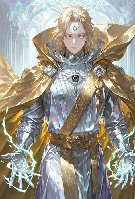 8k, beautiful masterpiece, looking out at the front, alone, pale skin, Perfect Eyes shape, Athletic Build, ((He wears: White Doctor Strange Robes, Eye of Agamotto Amulet, Golden Cape with Cowl, Mystic Gloves, Golden Sash)), (((background is vast magic libr...